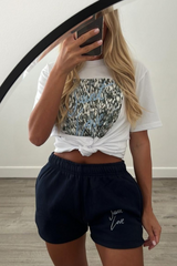 Saint Love Blue & White Pattern Print Embroidered Tee Short Co Ord