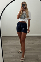 Saint Love Blue & White Pattern Print Embroidered Tee Short Co Ord