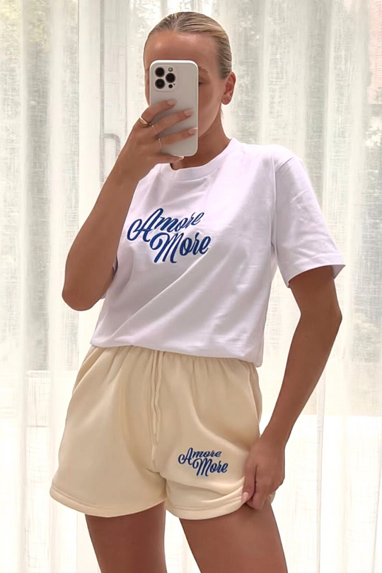 amore more blue & ecru embroidered short tee co-ord