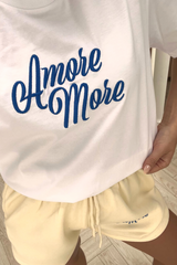 Amore More Blue & Ecru Embroidered Short Tee Co-Ord Co Ord