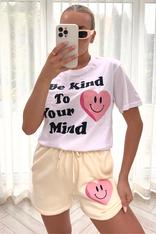 be kind to your mind ecru & white  printed short tee co-ord