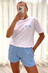 Palm Tree Light Blue Embroidered Short Tee Co-Ord Co Ord