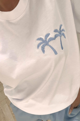 Palm Tree Light Blue Embroidered Short Tee Co-Ord Co Ord