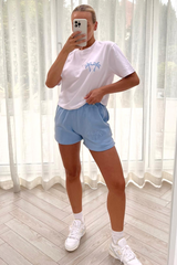 Palm Tree Light Blue Embroidered Short Tee Co-Ord Co Ord