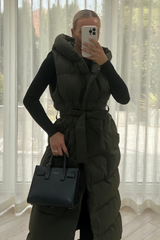 Jasmine Khaki Padded Long Hooded Gilet Coats & Jackets