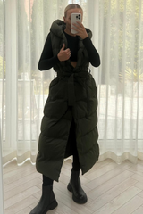 Jasmine Khaki Padded Long Hooded Gilet Coats & Jackets