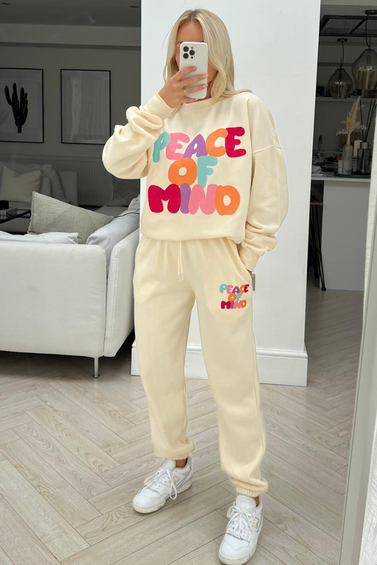 peace of mind ecru printed sweater jogger loungewear set