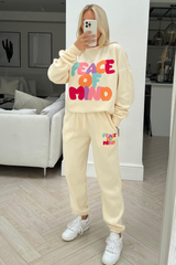 Peace Of Mind Ecru Printed Sweater Jogger Loungewear Set Loungewear