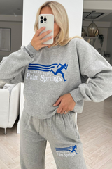 Palm Springs Grey Embroidered Sweater Jogger Loungewear Set Loungewear