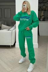 Palm Springs Green Embroidered Sweater Jogger Loungewear Set Loungewear