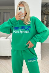 Palm Springs Green Embroidered Sweater Jogger Loungewear Set Loungewear