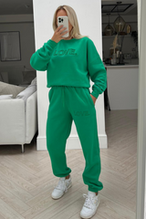 Love Green Embroidered Sweater Jogger Loungewear Set Loungewear