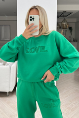 Love Green Embroidered Sweater Jogger Loungewear Set Loungewear