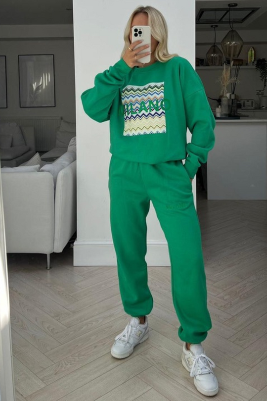 milano green embroidered sweater jogger loungewear set