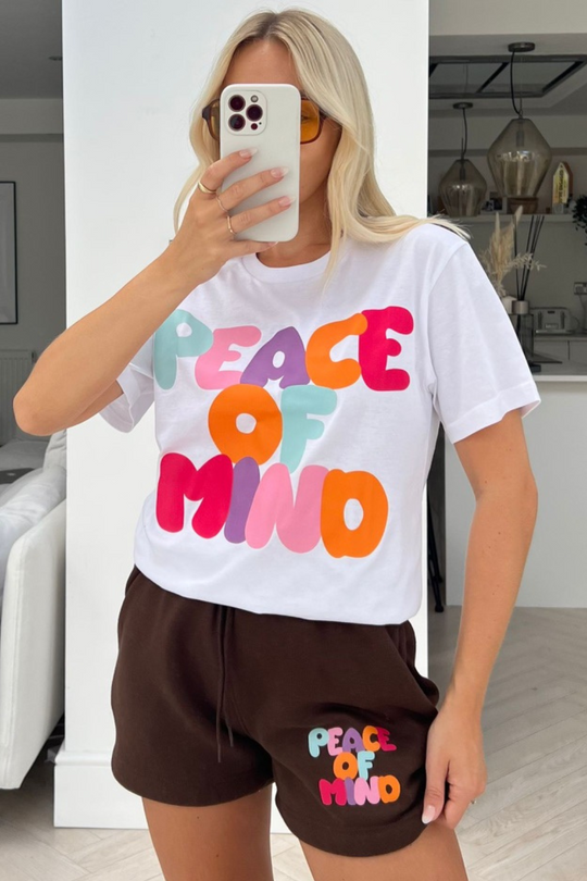 peace of mind white & chocolate printed tee short coord