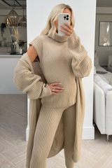 mila beige knitted 3 piece cardigan loungewear set Glamify Famous For Loungewear