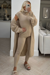 mila beige knitted 3 piece cardigan loungewear set Glamify Famous For Loungewear