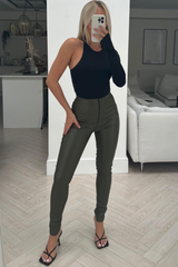 Reya Khaki Pu Zip Leggings Trousers