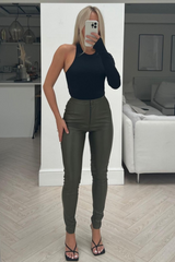 Reya Khaki Pu Zip Leggings Trousers