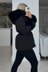 Maisy black faux fur hooded coat Glamify Famous For Loungewear