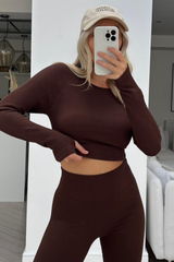 Emmie Chocolate 2 Piece Ribbed Crop Activewear Set Co Ord