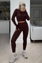 Emmie Chocolate 2 Piece Ribbed Crop Activewear Set Co Ord