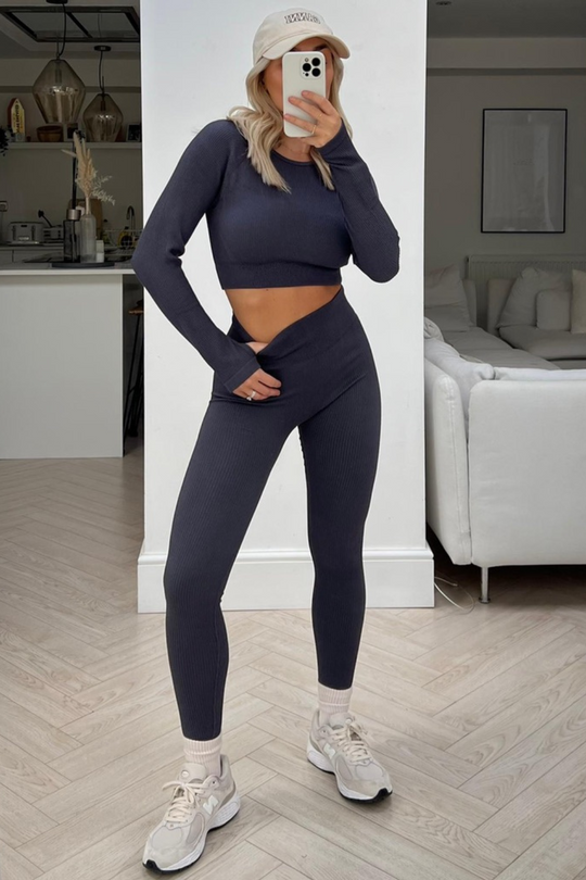 Emmie dark grey 2 piece ribbed crop activewear set