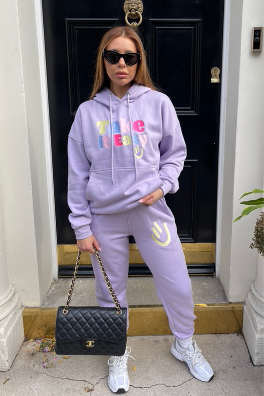 take it easy lilac embroidered hooded jogger loungewear set