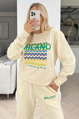 Milano Zigzag Ecru Print Embroidered Sweater Jogger Loungewear Set Loungewear