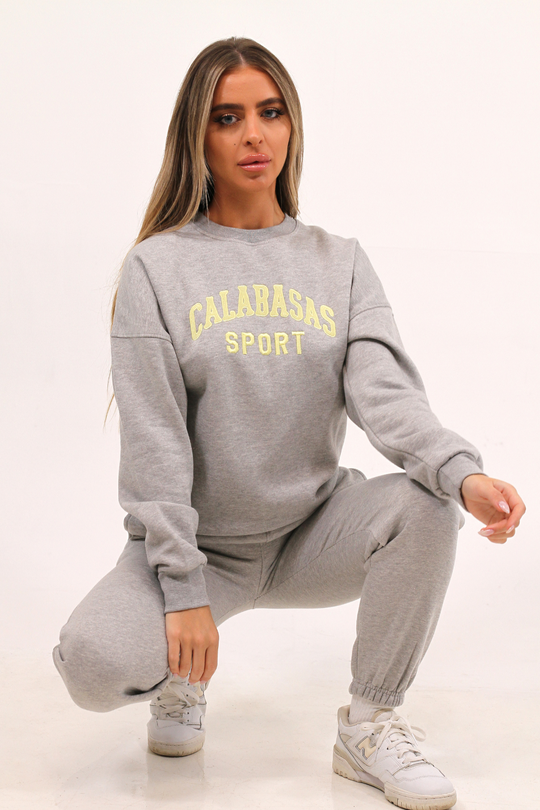 Calabasas sport grey embroidered sweater jogger loungewear set