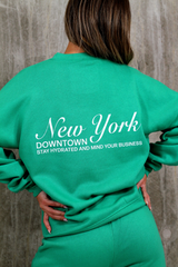 New York Green Print & Embroidered Sweater Jogger Loungewear Set Loungewear