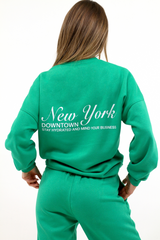 New York Green Print & Embroidered Sweater Jogger Loungewear Set Loungewear