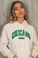 Chicago Ecru & Green Embroidered Hoodie Jogger Loungewear Set Loungewear