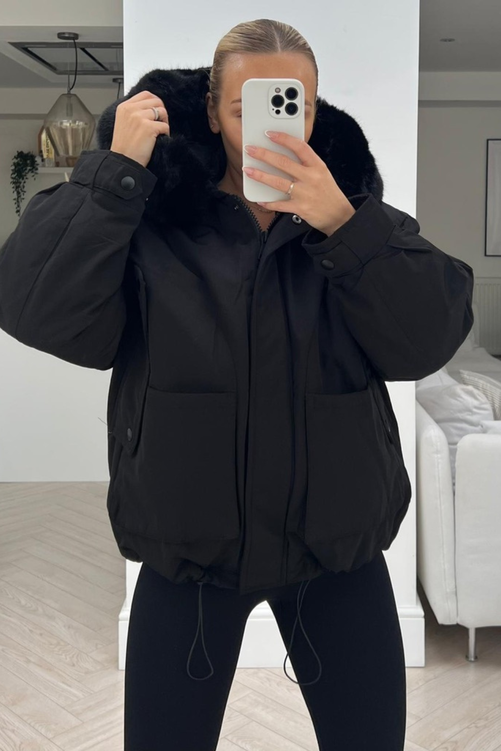 Kiara black short faux fur hooded coat Glamify Famous For Loungewear