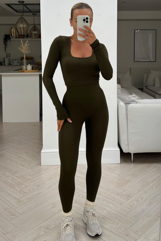 Kadie khaki 2 piece cropped activewear set