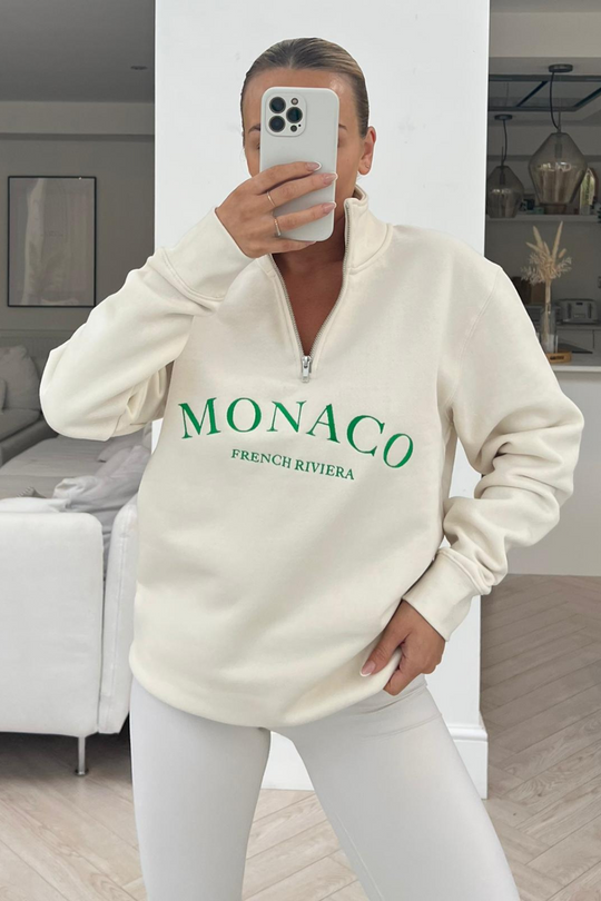 monaco ecru embroidered 1/4 zip sweater