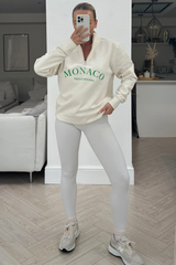 Monaco Ecru Embroidered 1/4 Zip Sweater Hoodie