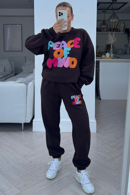 peace of mind chocolate printed jogger sweater loungewear set