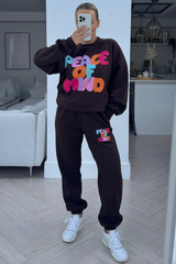 Peace Of Mind Chocolate Printed Jogger Sweater Loungewear Set Loungewear