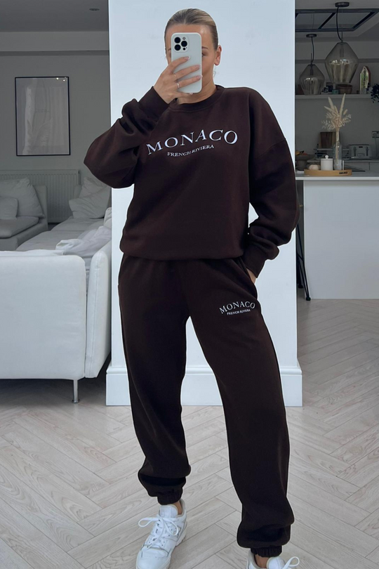 Monaco chocolate embroidered jogger sweater loungewear set