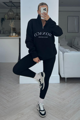 Monaco Black Embroidered 1/4 Zip Sweater Hoodie