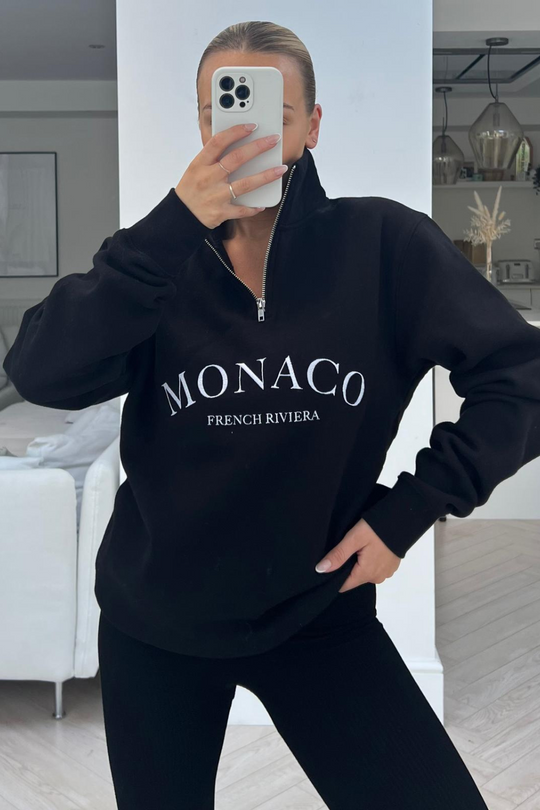 monaco black embroidered 1/4 zip sweater