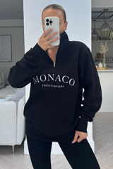 Monaco Black Embroidered 1/4 Zip Sweater Hoodie
