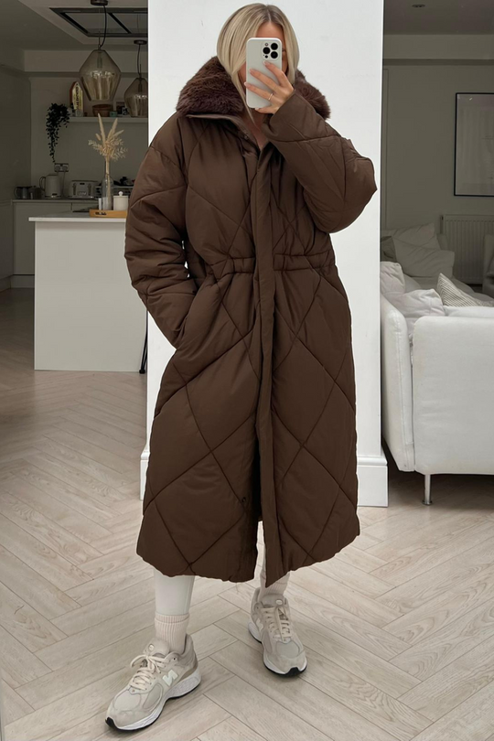Dallas chocolate faux fur neck padded duvet coat