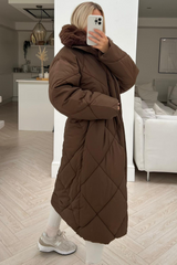 Dallas Chocolate Faux Fur Neck Padded Duvet Coat Coats & Jackets
