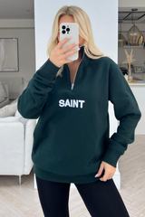 Saint Forest Green Embroidered 1/4 Zip Sweater Hoodie