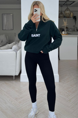 Saint Forest Green Embroidered 1/4 Zip Sweater Hoodie