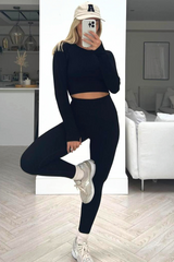 Emmie Black 2 Piece Ribbed Crop Activewear Set Co Ord