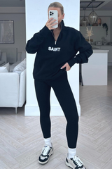 Saint Black Embroidered 1/4 Zip Sweater