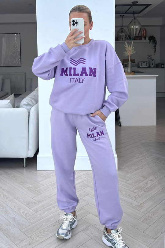 Milan Lilac embroidered jogger sweater loungewear set